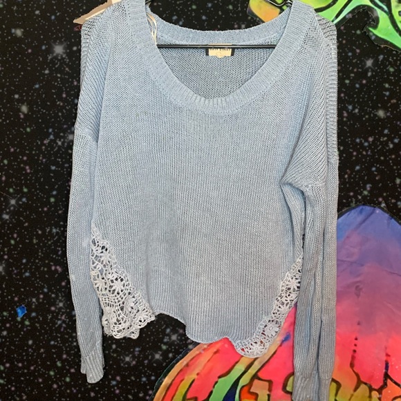 FIFTY STREET Womens Light Blue Knit Lace Crochet Side Long Sleeve Sweater - Picture 2 of 2